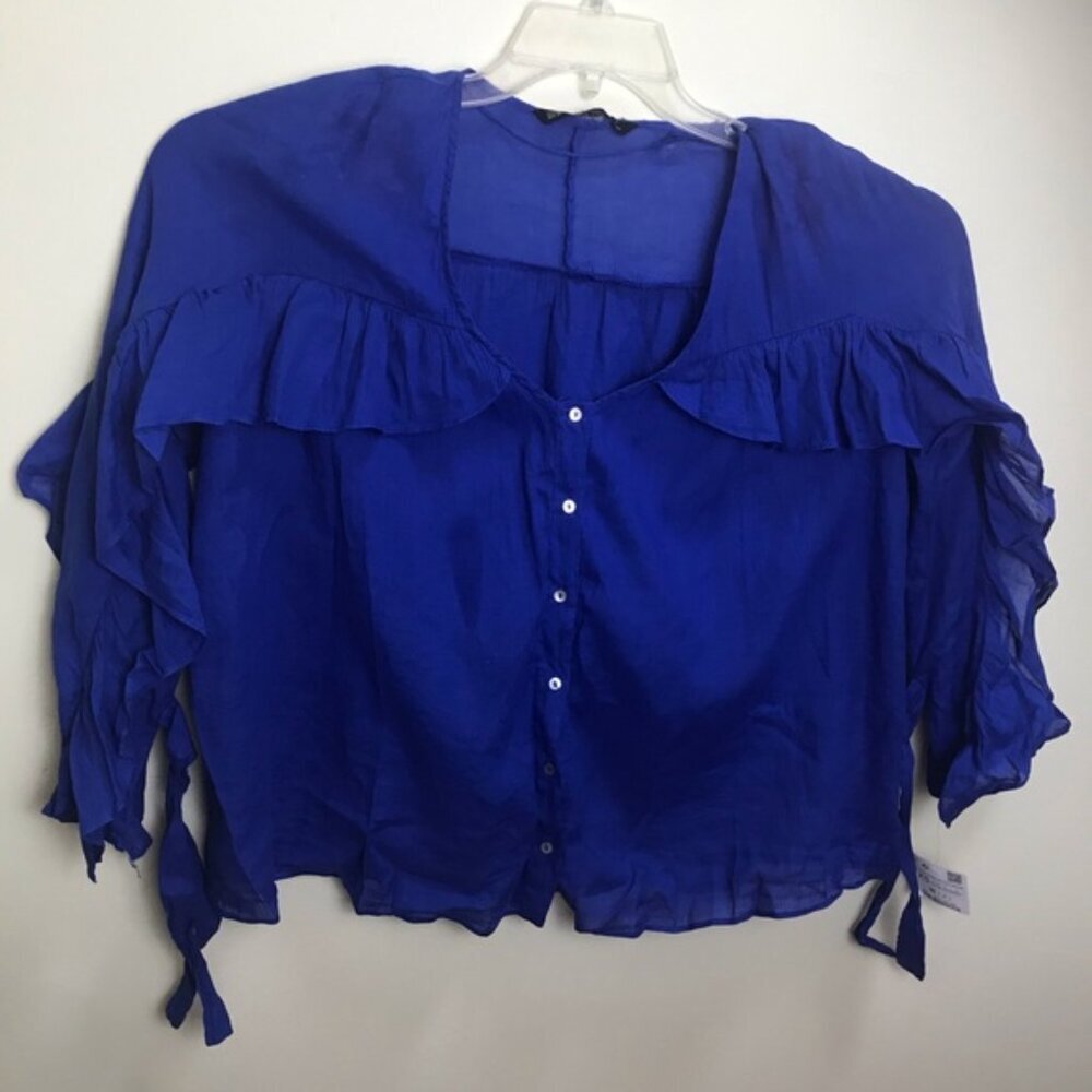 ZARA NEW Ruffles Ties Cotton Lightweight Flowy Button Shirt Blouse Top BlueFairy - Picture 2 of 8